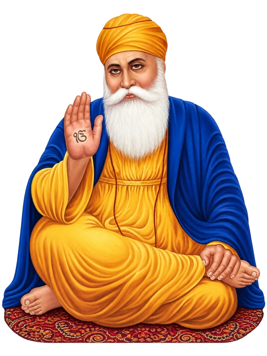 Guru Nanak seated with one hand raised